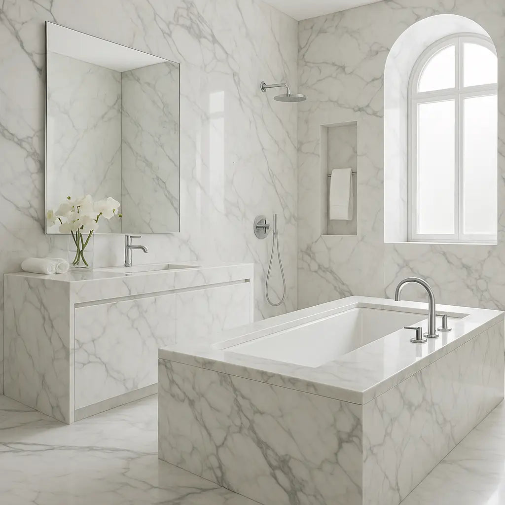 All-marble bathroom with bath and vanity