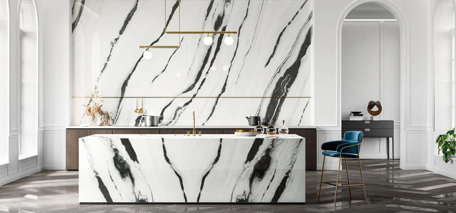 Panda White marble feature wall and island